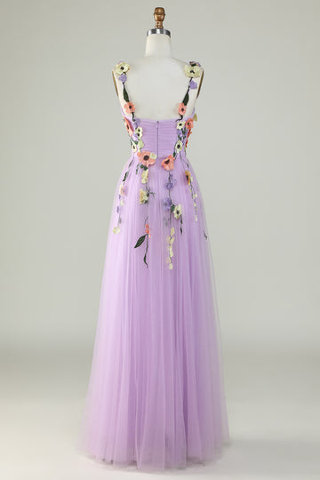 A Line Purple Spaghetti Straps Ball Dress With 3D Flowers